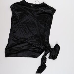 River Island Blouse Side Tie Satin Black Solid Small NWT